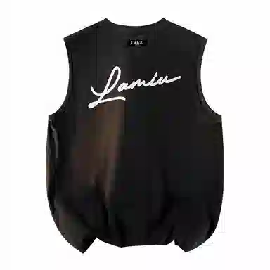 兰缪 日系纯色基础简约宽松圆领直筒百搭休闲字母透气圆领纯棉无袖背心 男女同款