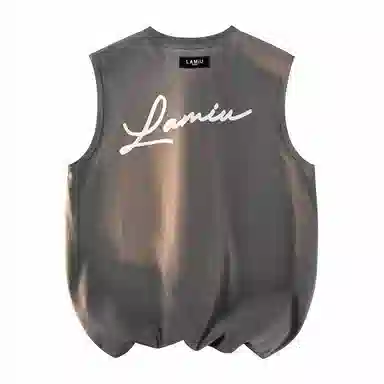 兰缪 日系纯色基础简约宽松圆领直筒百搭休闲字母透气圆领纯棉无袖背心 男女同款