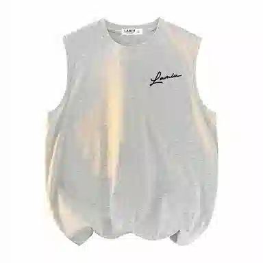 兰缪 日系纯色基础简约宽松圆领直筒百搭休闲字母透气圆领纯棉无袖背心 男女同款