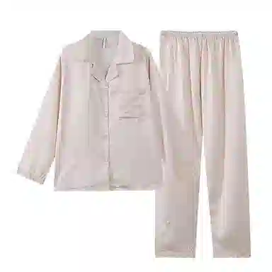 夏芬妍 时尚甜美小熊提花冰丝带胸垫翻领家居服简约休闲舒适亲肤宽松长袖长裤可外穿睡衣套装 女款 卡其色