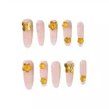 栩靓 网红爆款金花仙子纯手工穿戴甲裸色纯欲风富贵奢华立体黄金花美甲  中长款