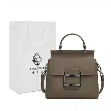 老人头 时尚简约大方通勤高质感百搭手提单肩包 头层牛皮 斜挎包 女款 灰色/黑色