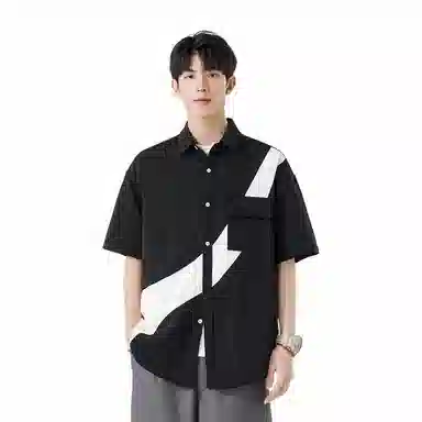 快鱼 韩版简约百搭潮流宽松时尚撞色休闲短袖翻领衬衫 男女同款