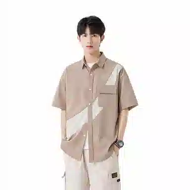 快鱼 韩版简约百搭潮流宽松时尚撞色休闲短袖翻领衬衫 男女同款