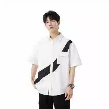 快鱼 韩版简约百搭潮流宽松时尚撞色休闲短袖翻领衬衫 男女同款
