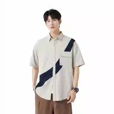快鱼 韩版简约百搭潮流宽松时尚撞色休闲短袖翻领衬衫 男女同款