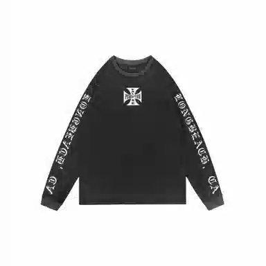 False Perception Distressed Cross Logo Long Sleeve Pullover Black