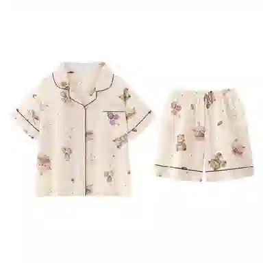 夏芬妍 甜美休闲舒适时尚气球小熊双层棉纱翻领家居服亲肤宽松短袖短裤可外穿睡衣套装 女款 杏色