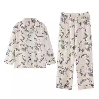 欧迪芬 纯棉时尚印花长袖长裤家居服睡衣套装 女款 白色碎花