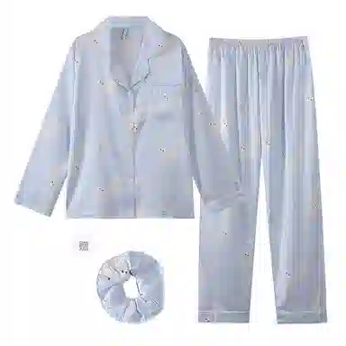 夏芬妍 时尚甜美蝴蝶结小猫冰丝翻领家居服简约休闲舒适亲肤宽松长袖长裤可外穿睡衣套装 女款 蓝色
