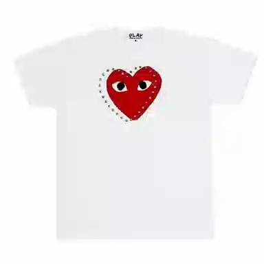 CDG Play FW24 Holiday Logo Heart Studded Tee Red