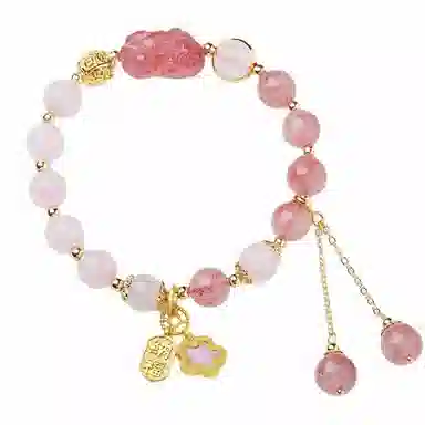 金戟 有钱花 新中式国潮轻奢小众设计招财纳福貔貅少女感高级甜美粉色桃花系时尚百搭锁好运天然 草莓晶 手串 女款