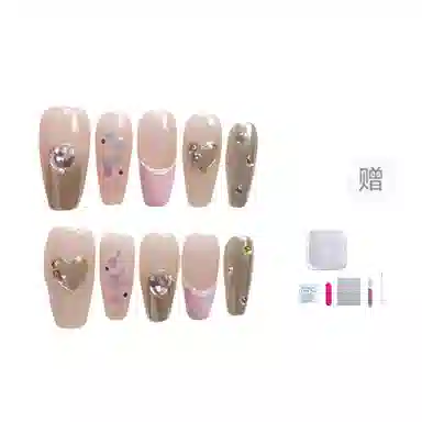 几多萌 手工爱心魔镜富家千金  穿戴甲 梯型长款金色裸色 法式