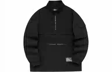 鸿星尔克 伍岳独尊 纯色口袋梭织套头长袖立领卫衣 男款 正黑