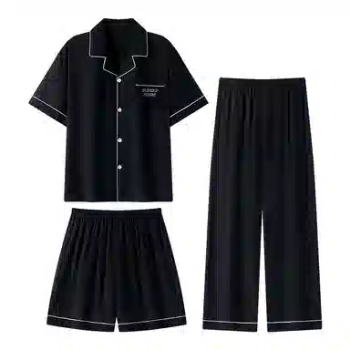 夏芬妍 简约休闲高级感纯色云朵棉翻领舒适亲肤宽松短袖三件套时尚可外穿家居服睡衣套装 男款 黑色