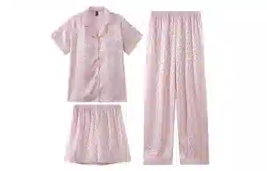夏芬妍 简约休闲高级感豹纹冰丝翻领带胸垫家居服舒适亲肤宽松短袖三件套可外穿睡衣套装 女款 粉色