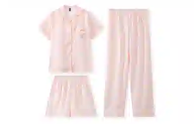 夏芬妍 简约休闲高级感蝴蝶结冰丝翻领带胸垫家居服舒适亲肤宽松短袖三件套可外穿睡衣套装 女款 粉色