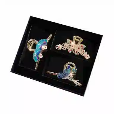 缔晶 时尚优雅新中式画扇蝴蝶流苏鲨鱼夹套装 复古气质发饰礼盒 合金 发夹 女款