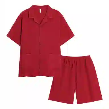 夏芬妍 休闲舒适纯色双层纱婴儿棉翻领开衫家居服柔软亲肤可外穿短袖短裤睡衣套装 男女同款 红色