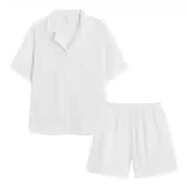 夏芬妍 休闲舒适纯色双层纱婴儿棉翻领开衫家居服柔软亲肤时尚可外穿短袖短裤睡衣套装 男女同款