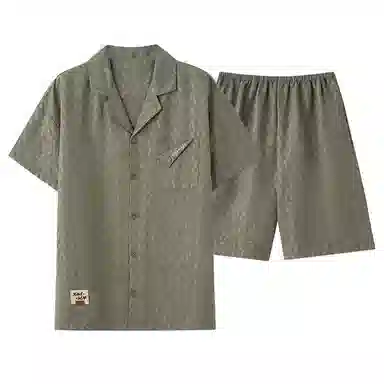夏芬妍 简约舒适柔软字母提花云朵棉翻领开衫家居服亲肤休闲短袖短裤时尚可外穿睡衣套装 男款 橄榄绿