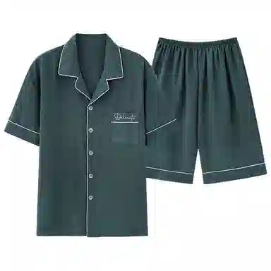 夏芬妍 简约舒适柔软翻领家居服亲肤休闲短袖上衣可外穿五分裤睡衣套装 男款 墨绿色