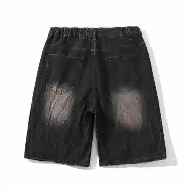 大卫贝肯 美式复古高街水洗小众设计感爆裂闪电纹设计潮流酷帅宽松廓形通勤百搭七分牛仔短裤 男女同款