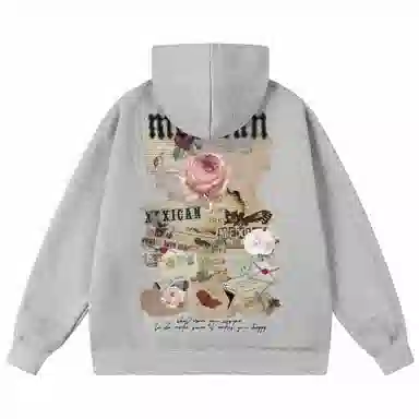 稻草人 美式复古做旧报纸玫瑰花卉字母涂鸦印花宽松休闲重磅外套舒适亲肤百搭打底连帽套头长袖卫衣 男女同款