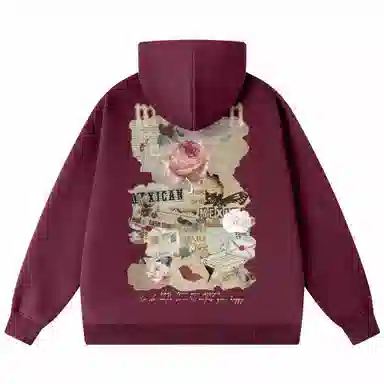 稻草人 美式复古做旧报纸玫瑰花卉字母涂鸦印花宽松休闲重磅外套舒适亲肤百搭打底连帽套头长袖卫衣 男女同款