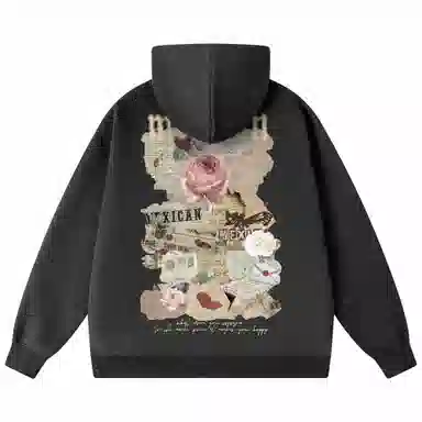 稻草人 美式复古做旧报纸玫瑰花卉字母涂鸦印花宽松休闲重磅外套舒适亲肤百搭打底连帽套头长袖卫衣 男女同款