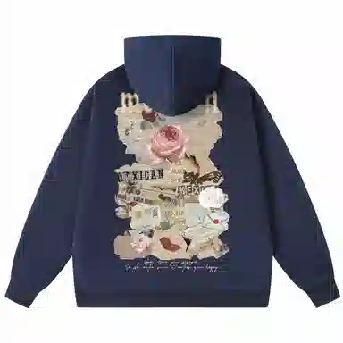 稻草人 美式复古做旧报纸玫瑰花卉字母涂鸦印花宽松休闲重磅外套舒适亲肤百搭打底连帽套头长袖卫衣 男女同款