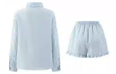 东鲸岁时记 慵懒风长袖衬衫高级感超好看独特宽松短裤休闲套装 女款 蓝色