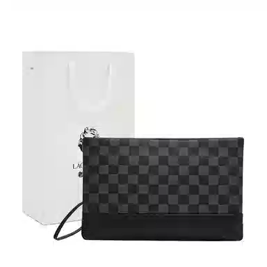 老人头 复古时尚经典棋盘格商务休闲通勤 头层牛皮 手拿包 常规 男款 黑色