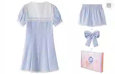 东鲸岁时记 学院风条纹蝴蝶结修身短袖连衣裙 女款 礼盒装 图色