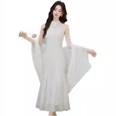 水中花 新中式国风气质提花旗袍女春挂脖连衣裙裙装套装 女款 白色