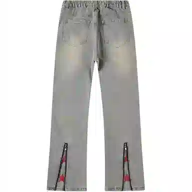 么宁 水洗拉链开叉美式复古宽松牛仔裤 男女同款