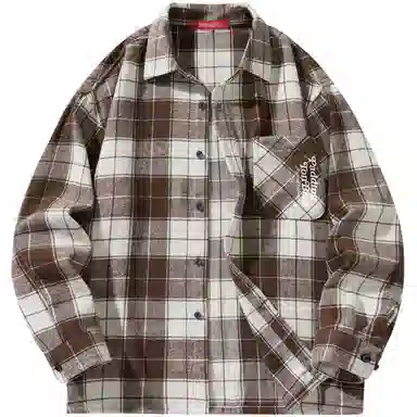 帕丁顿熊 美式字母印花宽松休闲仿毛呢多彩格纹长袖衬衫外套 男女同款