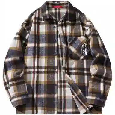 帕丁顿熊 美式字母印花宽松休闲仿毛呢多彩格纹长袖衬衫外套 男女同款