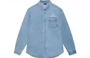 中国李宁 黄金年代 水洗字母图案印花单排扣牛仔长袖衬衫 男款 浅蓝色