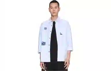 鬼洗 翻领纽扣刺绣合身七分袖衬衫 男款 蓝色