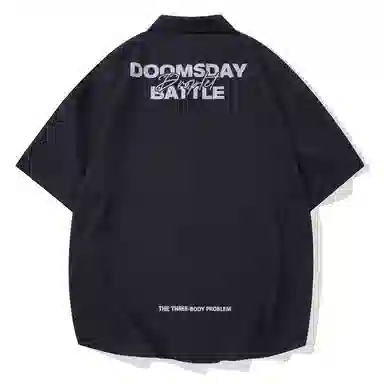 三体 水滴末日之战系列 简约休闲字母印花纯色翻领开衫美式复古宽松高街潮牌时尚百搭舒适学生多巴胺薄短袖衬衫 男女同款