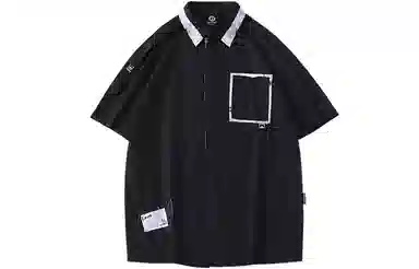 LAMLICKA拼接字母短袖翻领衬衫男女同款黑色