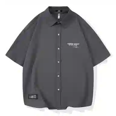 三体 问题印章系列 简约基础宽松纯色休闲字母印花翻领开衫美式复古高街潮牌时尚百搭舒适透气薄款多巴胺短袖衬衫 男女同款