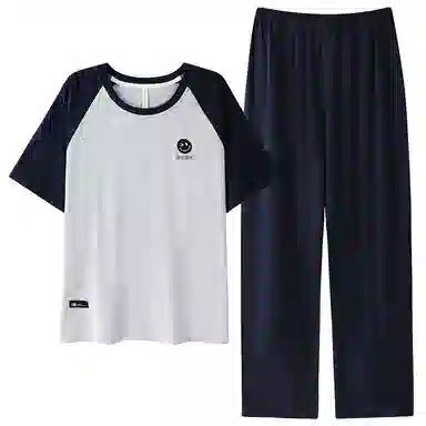 细舍 简约时尚短袖长裤家居服可外穿睡衣套装 女款 浅灰拼藏青