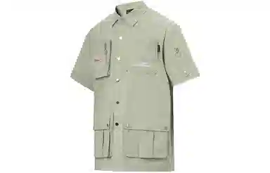 中国李宁 字母印花宽松休闲单排扣短袖衬衫 男款 榆枝绿