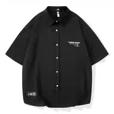三体 问题印章系列 简约基础宽松纯色休闲字母印花翻领开衫美式复古高街潮牌时尚百搭舒适透气薄款多巴胺短袖衬衫 男女同款