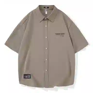 三体 问题印章系列 简约基础宽松纯色休闲字母印花翻领开衫美式复古高街潮牌时尚百搭舒适透气薄款多巴胺短袖衬衫 男女同款