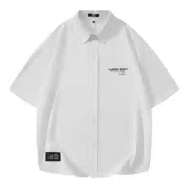 三体 问题印章系列 简约基础宽松纯色休闲字母印花翻领开衫美式复古高街潮牌时尚百搭舒适透气薄款多巴胺短袖衬衫 男女同款