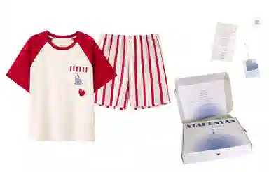 夏芬妍 简约柔软舒适爱心条纹兔子纯棉圆领家居服透气亲肤宽松短袖短裤可外穿睡衣套装 男女同款