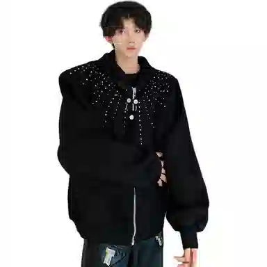 木林森 美式高街复古潮流连帽设计感垫肩拉链开衫百搭宽松休闲卫衣 男女同款 黑色